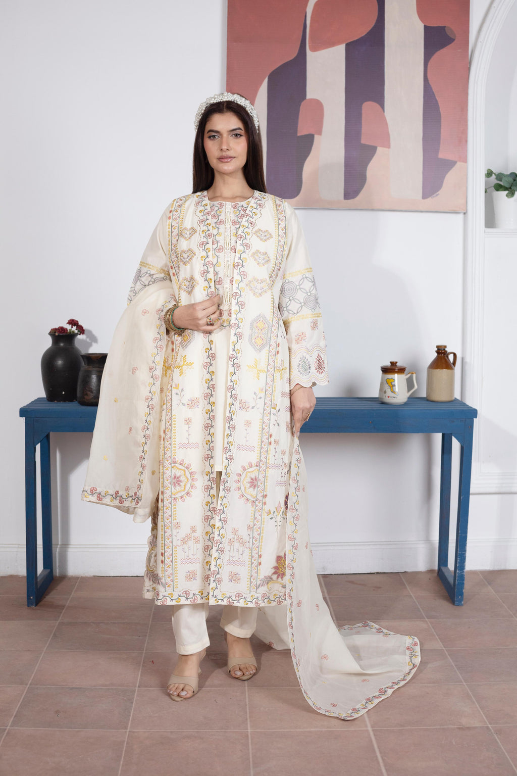 KHATOON Meher Cream Embroidered 2-Piece Lawn Suit