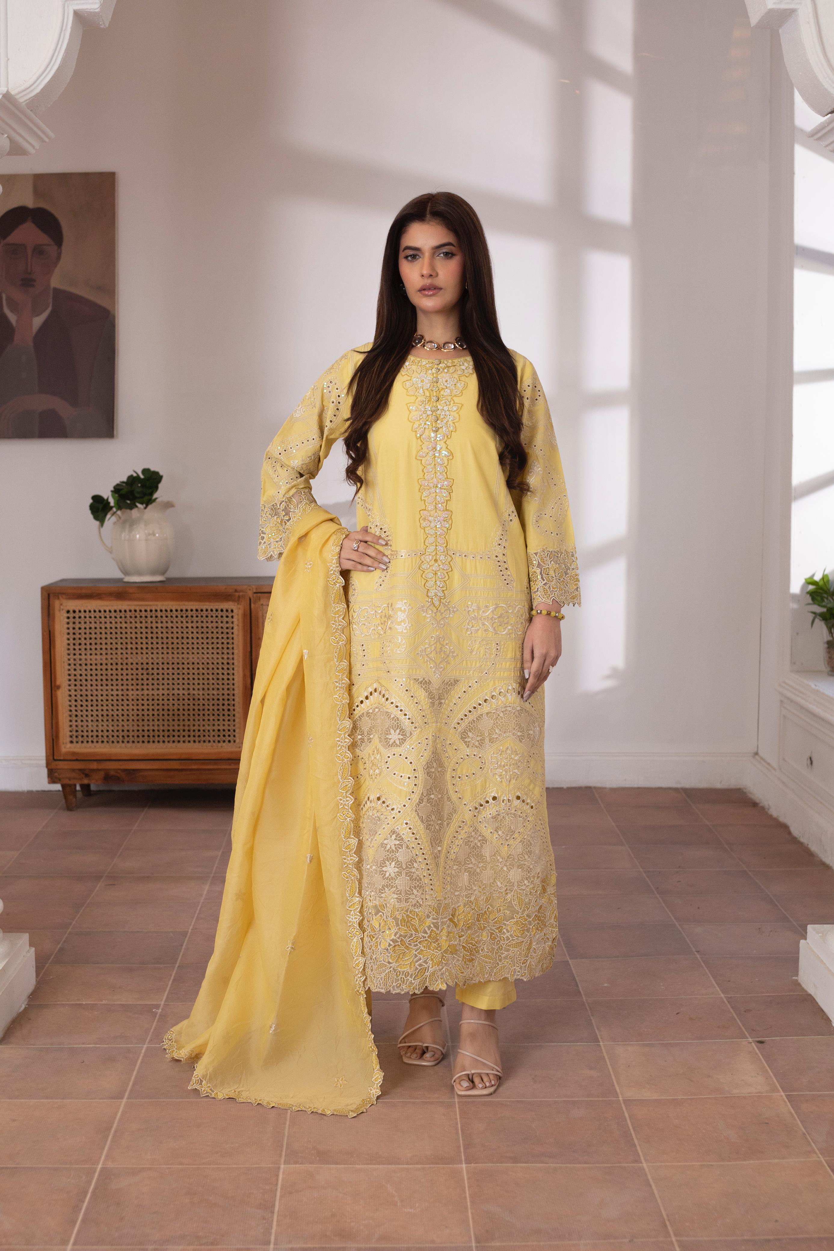 KHATOON Zoya Yellow Luxury Embroidered 3-Piece Suit