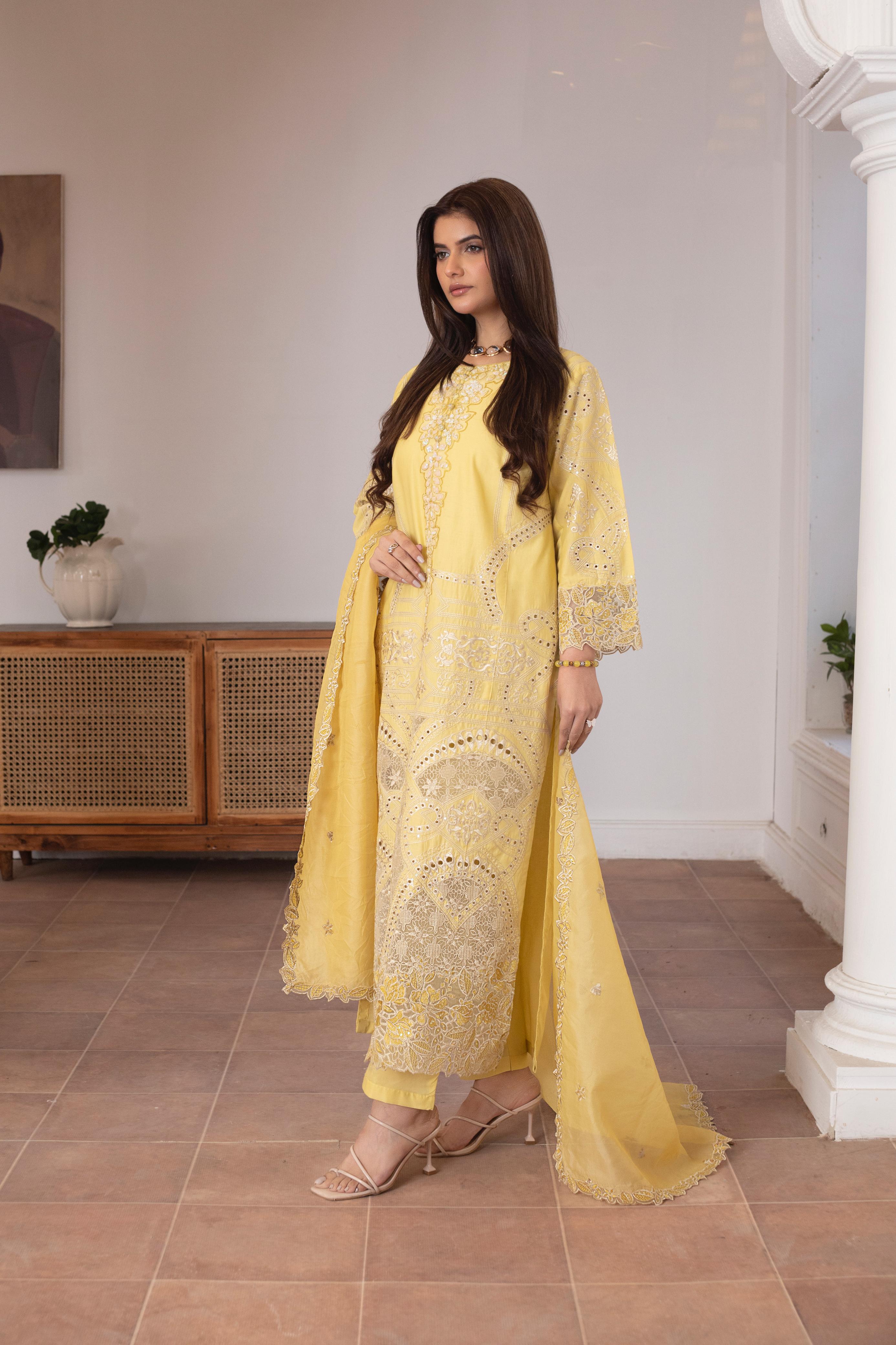KHATOON Zoya Yellow Luxury Embroidered 3-Piece Suit