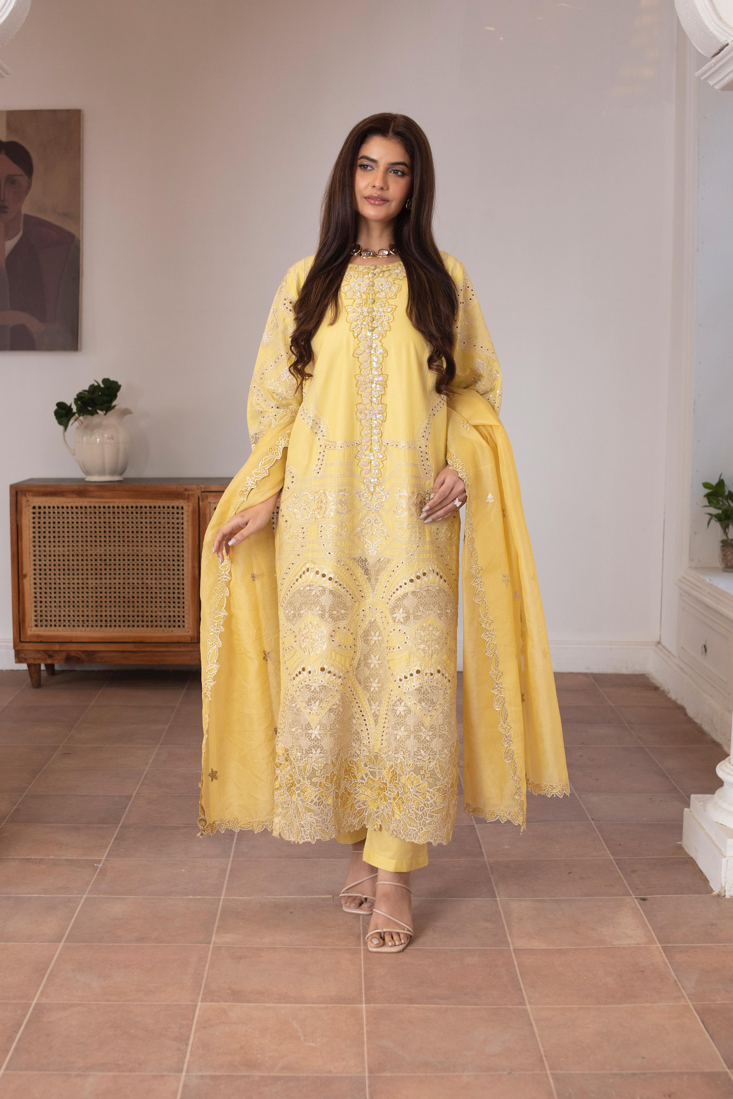 KHATOON Zoya Yellow Luxury Embroidered 3-Piece Suit