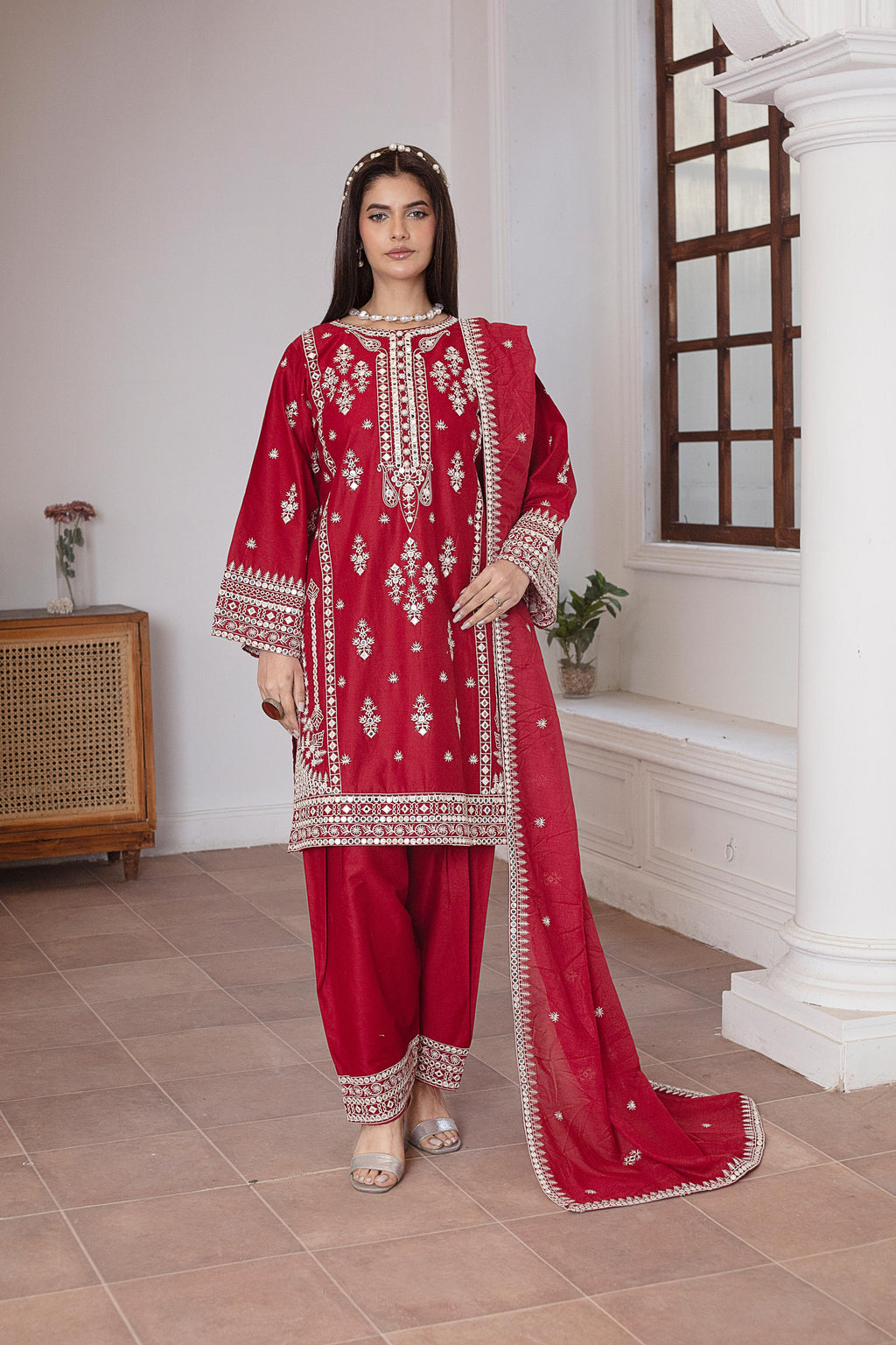 KHATOON Rania Red Luxury Embroidered 3-Piece Suit
