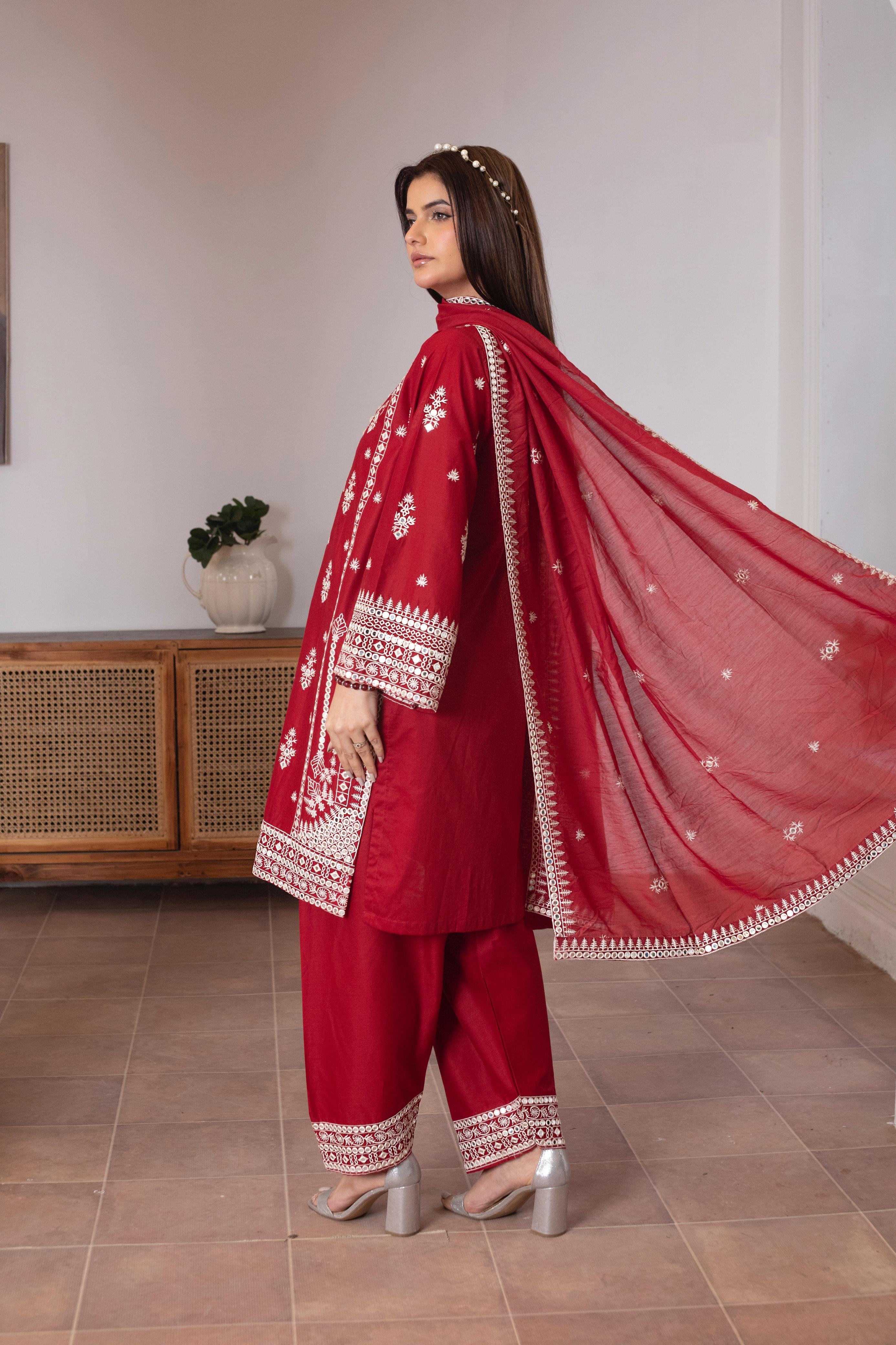 KHATOON Rania Red Luxury Embroidered 3-Piece Suit