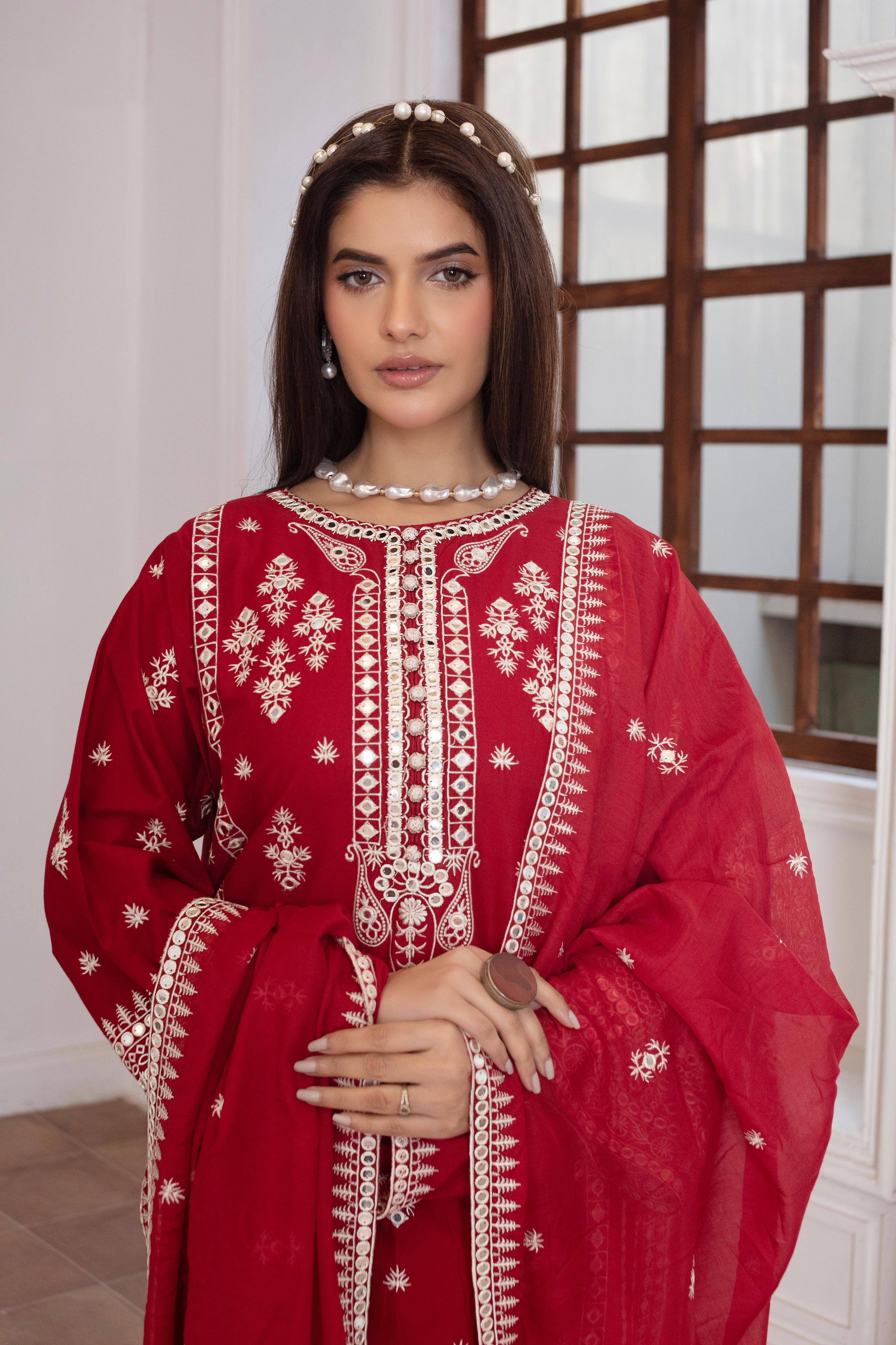KHATOON Rania Red Luxury Embroidered 3-Piece Suit