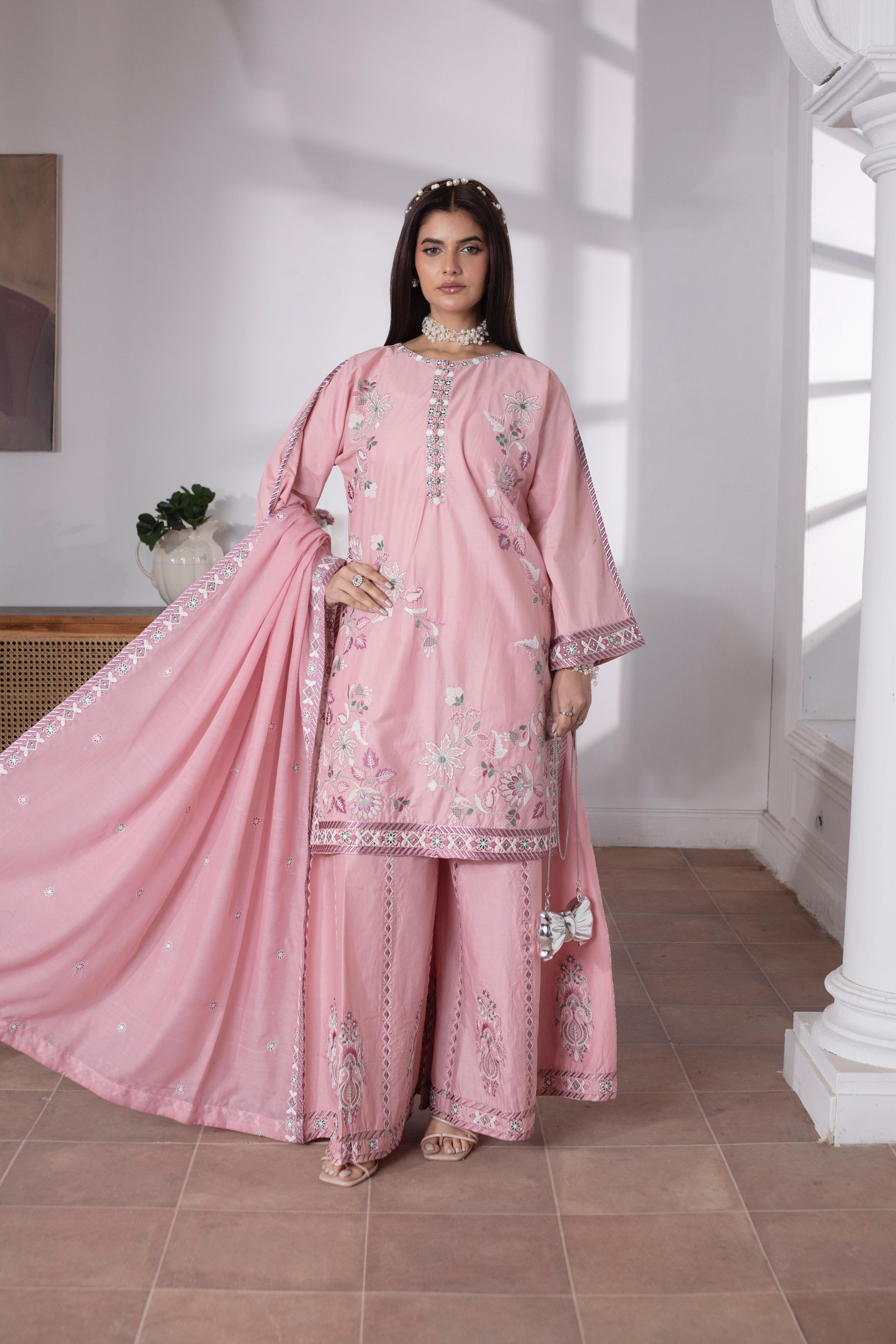 KHATOON Aisha Pink Floral Embroidered 3-Piece Lawn Suit
