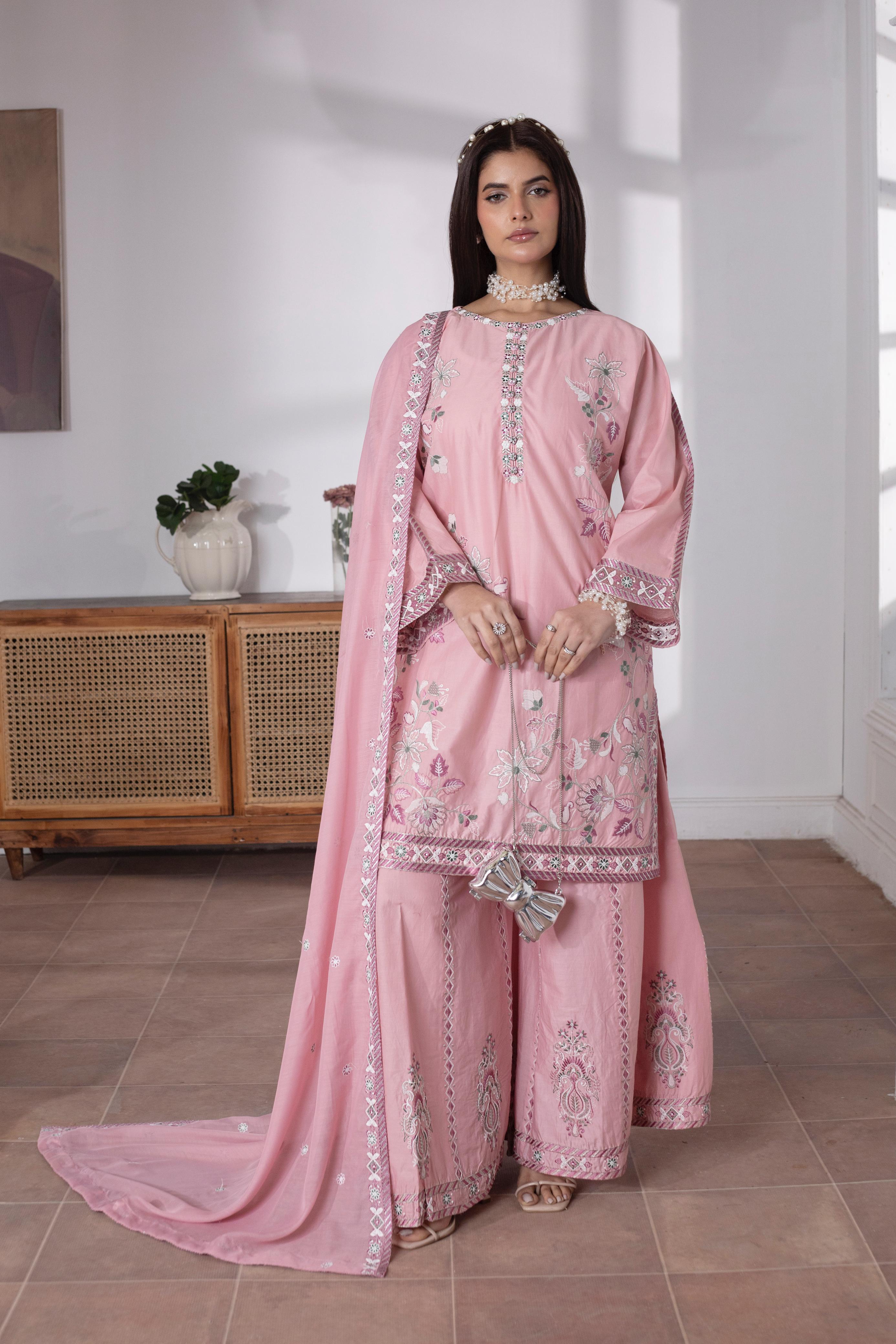 KHATOON Aisha Pink Floral Embroidered 3-Piece Lawn Suit