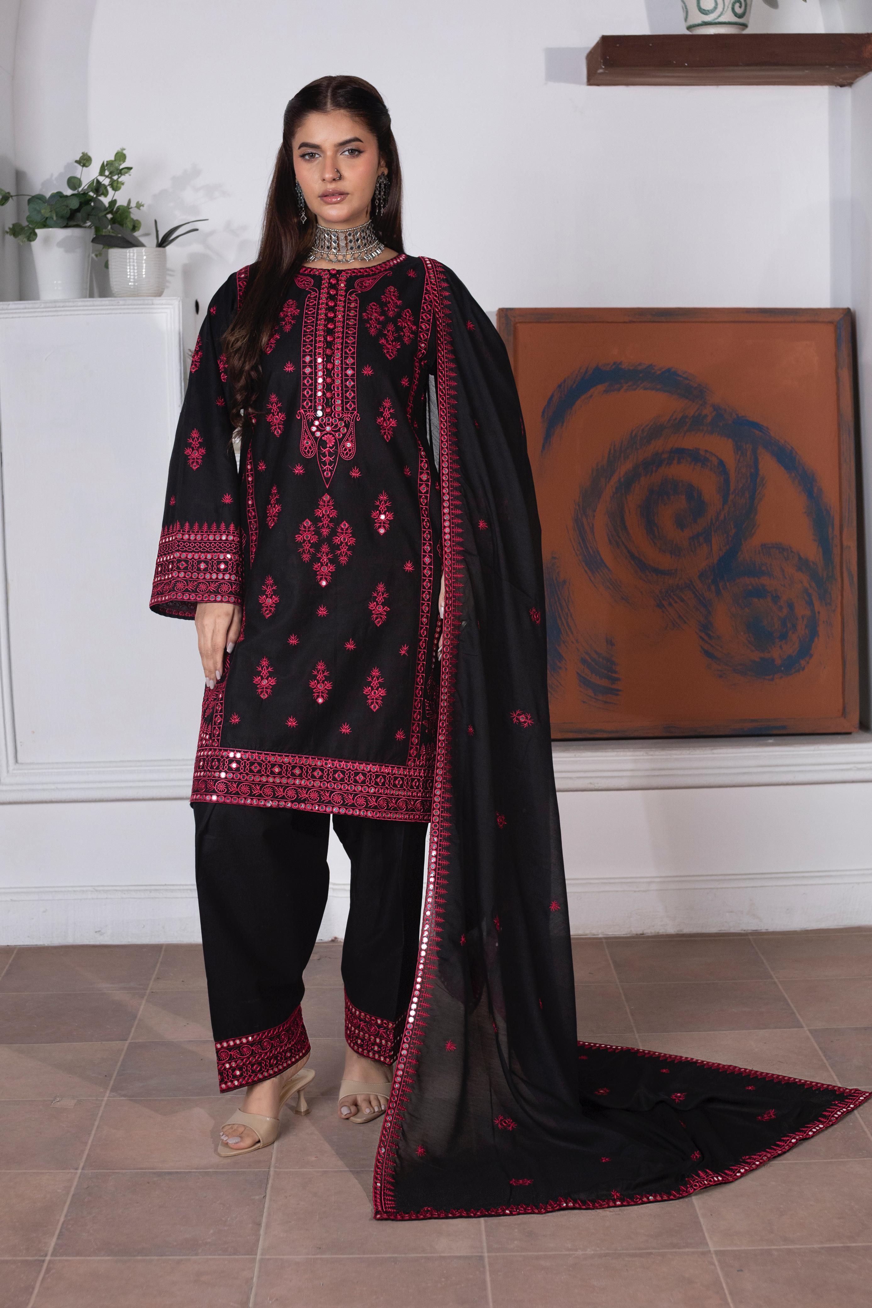 KHATOON Sehr Black & Red Embroidered 3-Piece Lawn Suit
