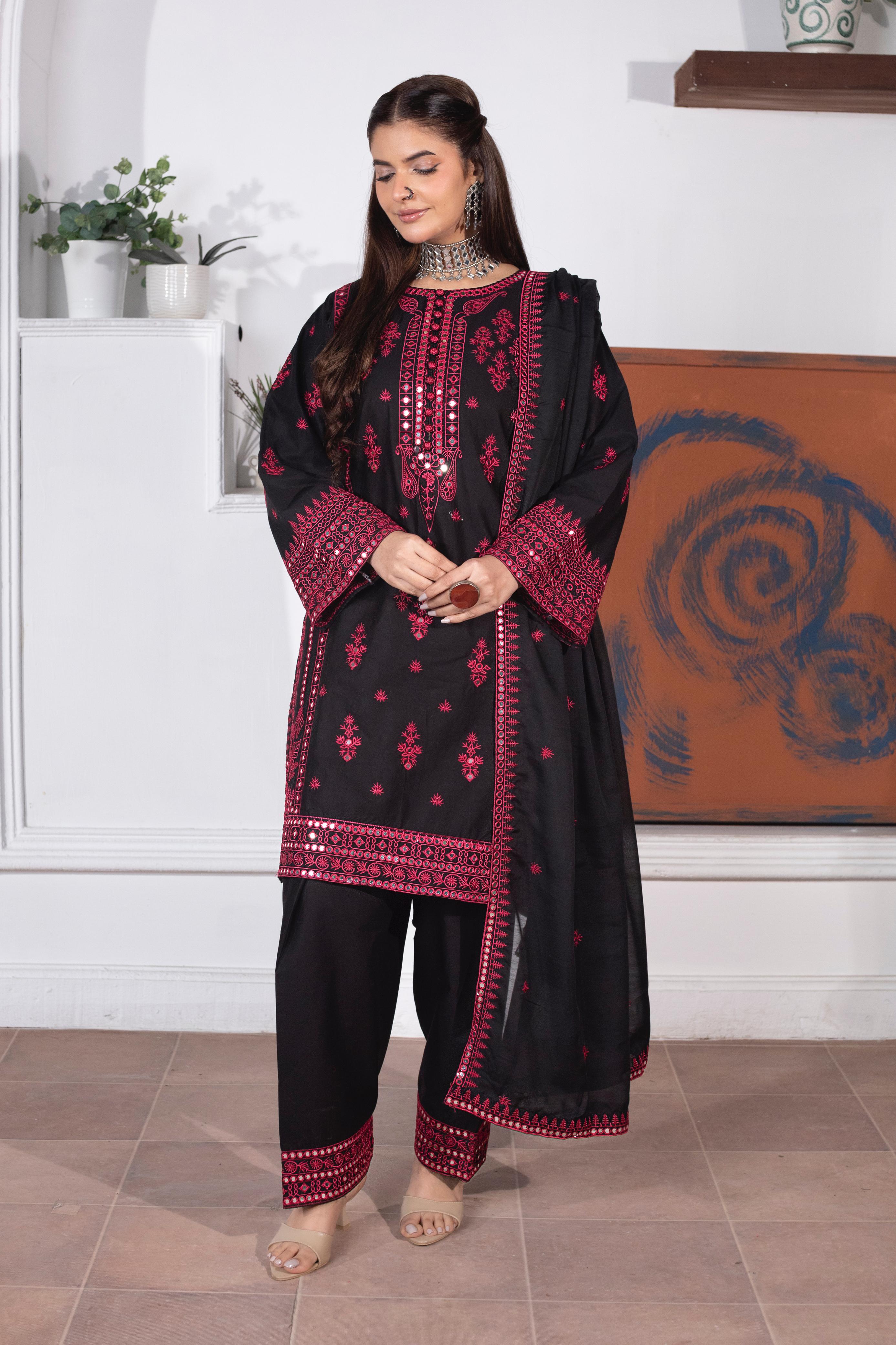 KHATOON Sehr Black & Red Embroidered 3-Piece Lawn Suit