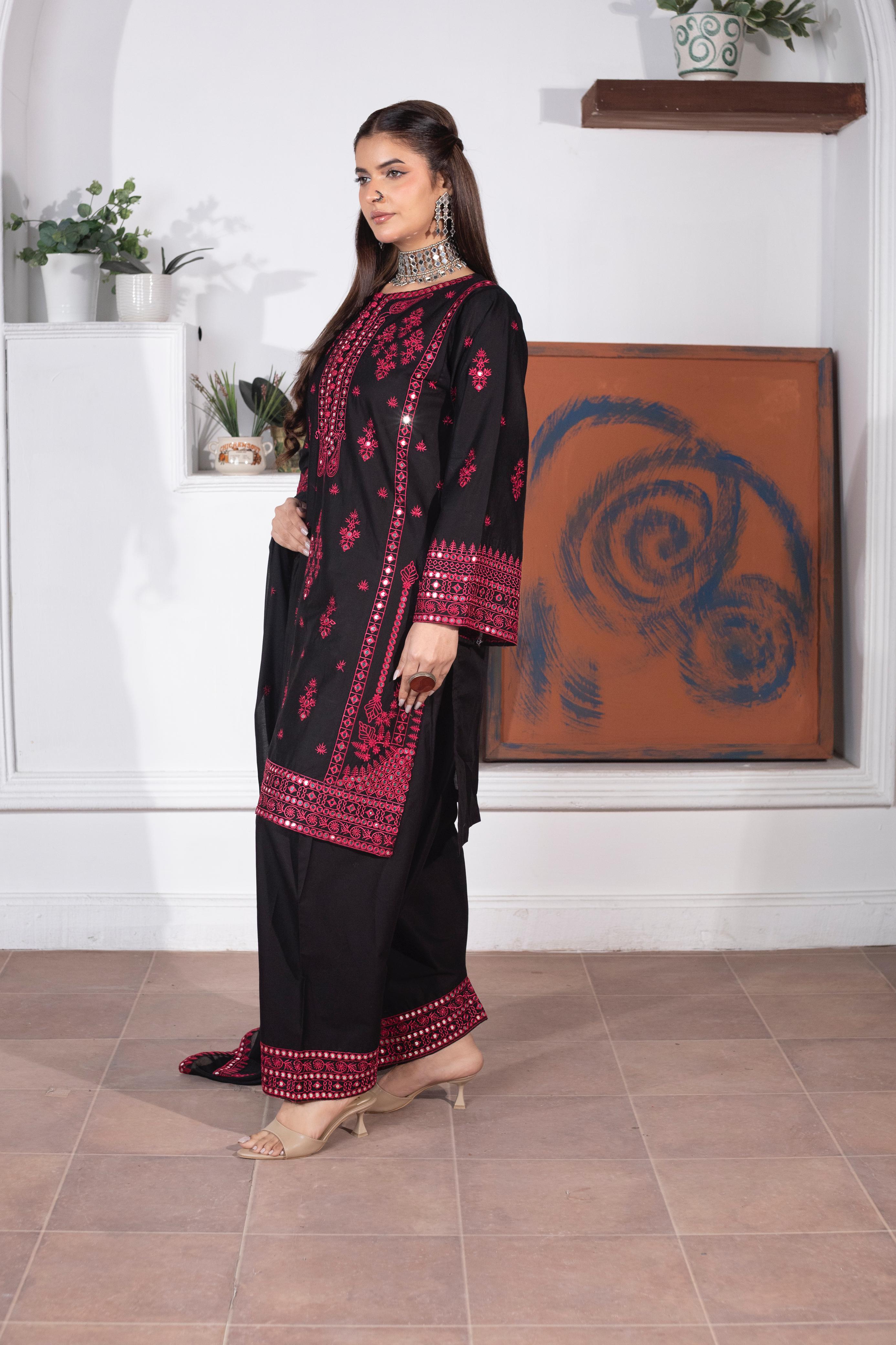 KHATOON Sehr Black & Red Embroidered 3-Piece Lawn Suit