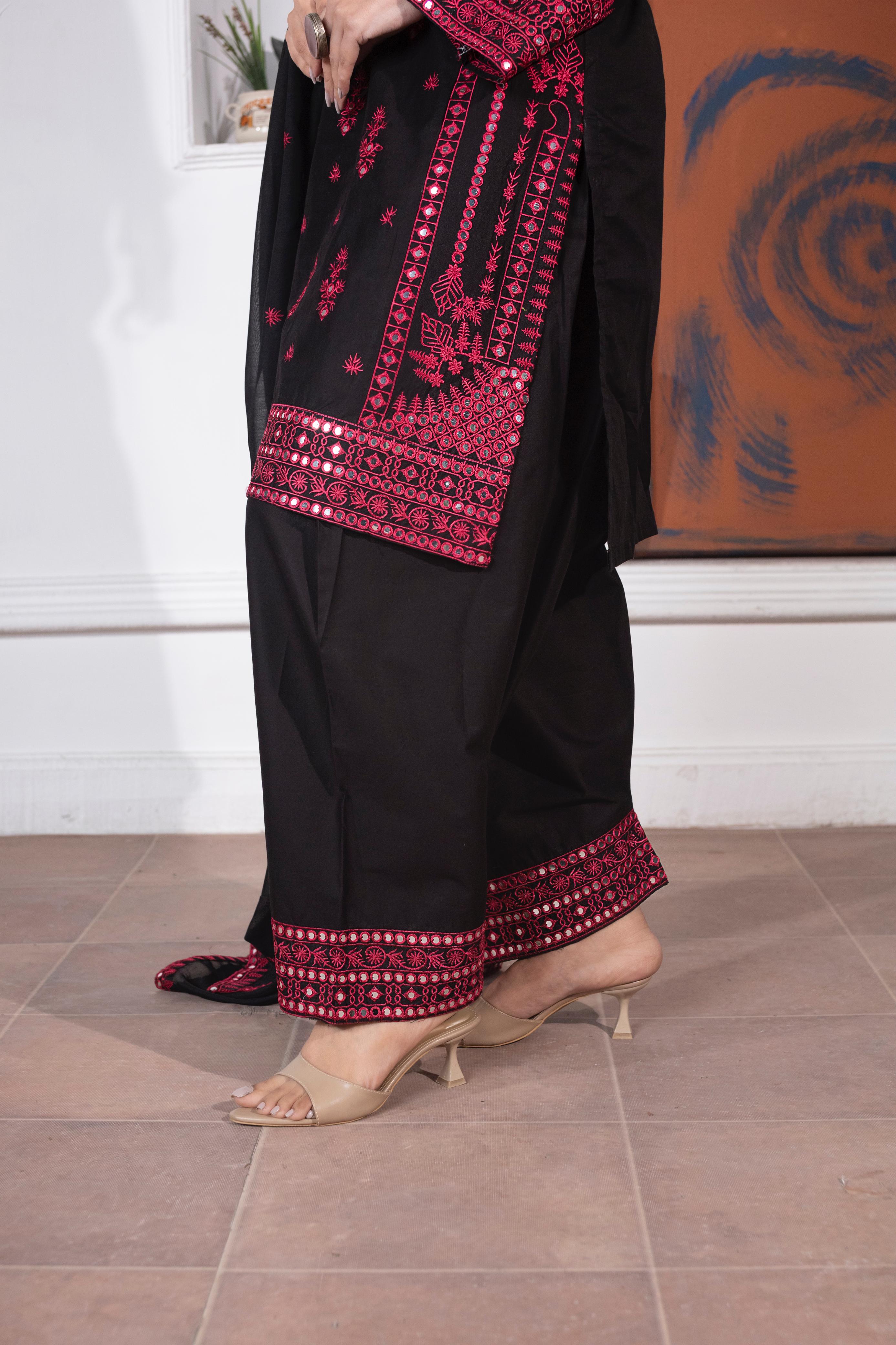 KHATOON Sehr Black & Red Embroidered 3-Piece Lawn Suit