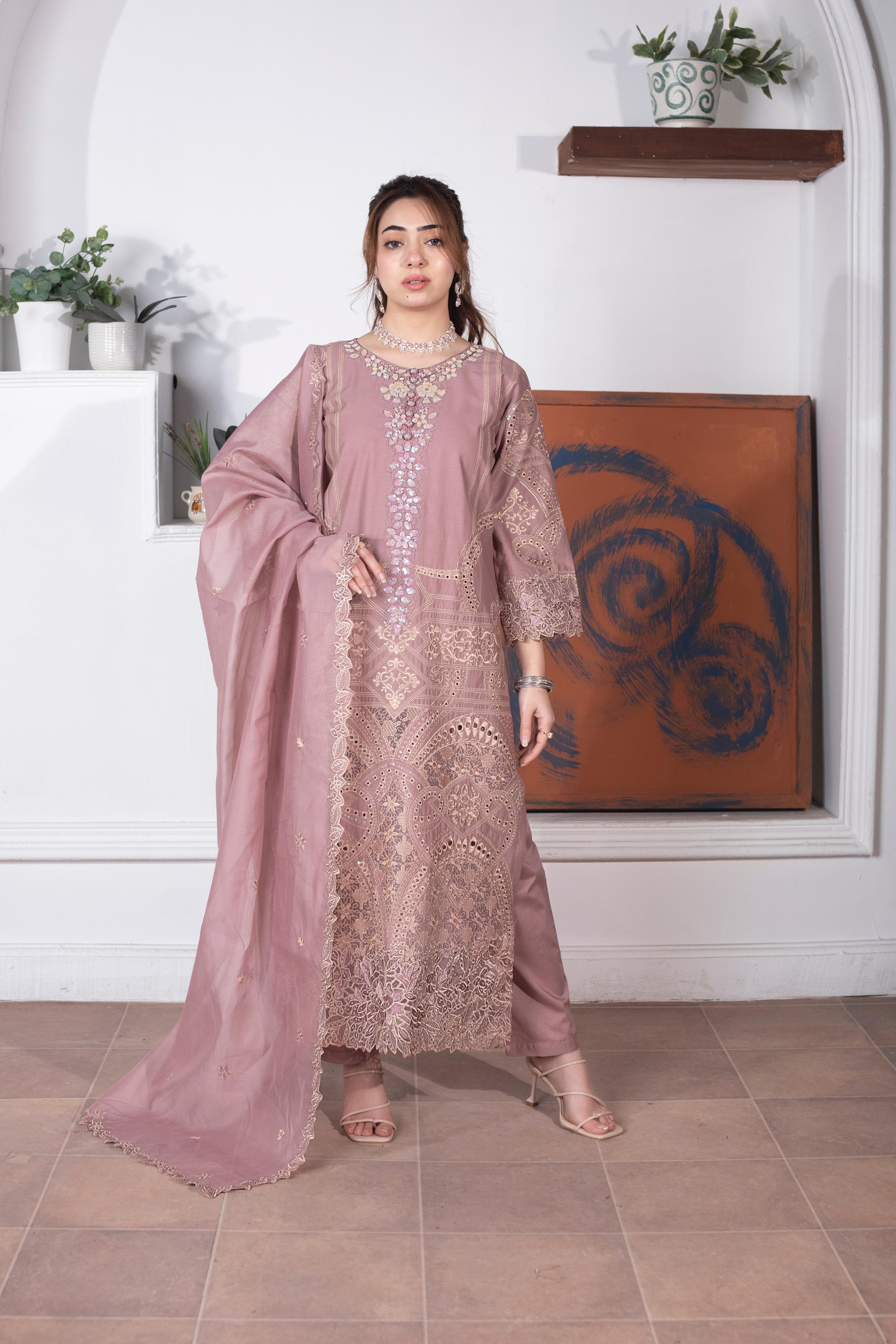 KHATOON Elara Mauve Luxury Embroidered 3-Piece Suit