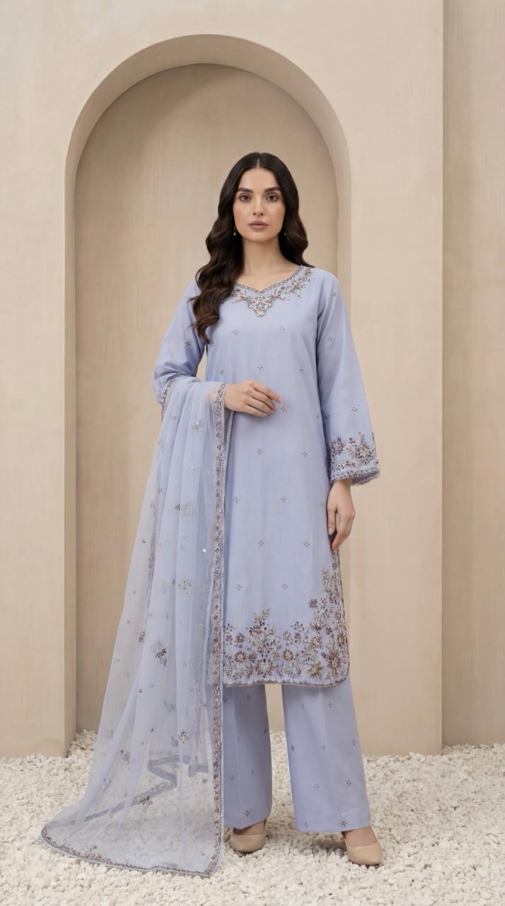 KHATOON Eliza Powder Blue Luxury Embroidered 3-Piece Suit