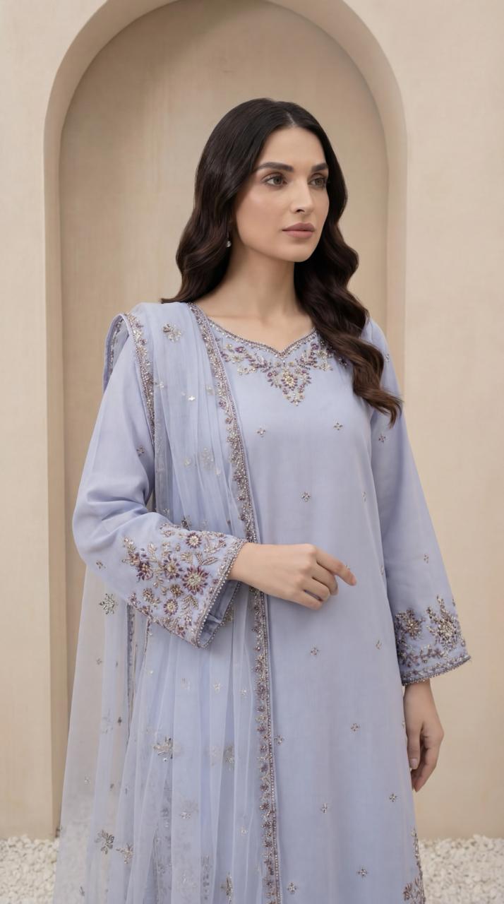 KHATOON Eliza Powder Blue Luxury Embroidered 3-Piece Suit
