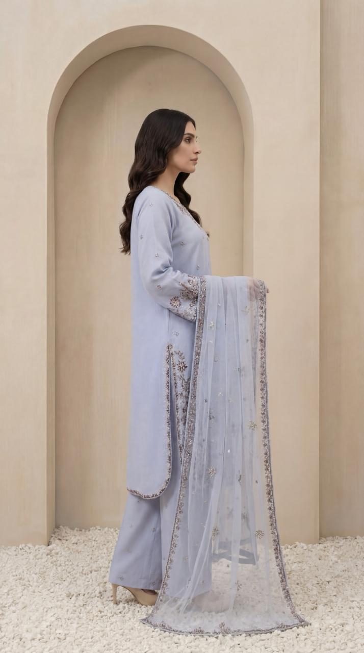 KHATOON Eliza Powder Blue Luxury Embroidered 3-Piece Suit