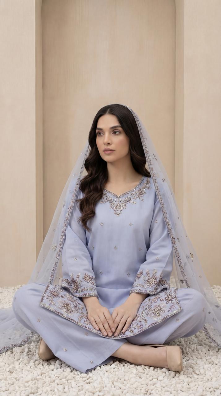 KHATOON Eliza Powder Blue Luxury Embroidered 3-Piece Suit