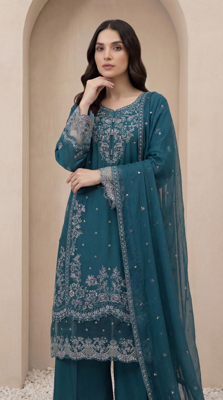 KHATOON Zara Teal Luxury Embroidered 3-Piece Suit