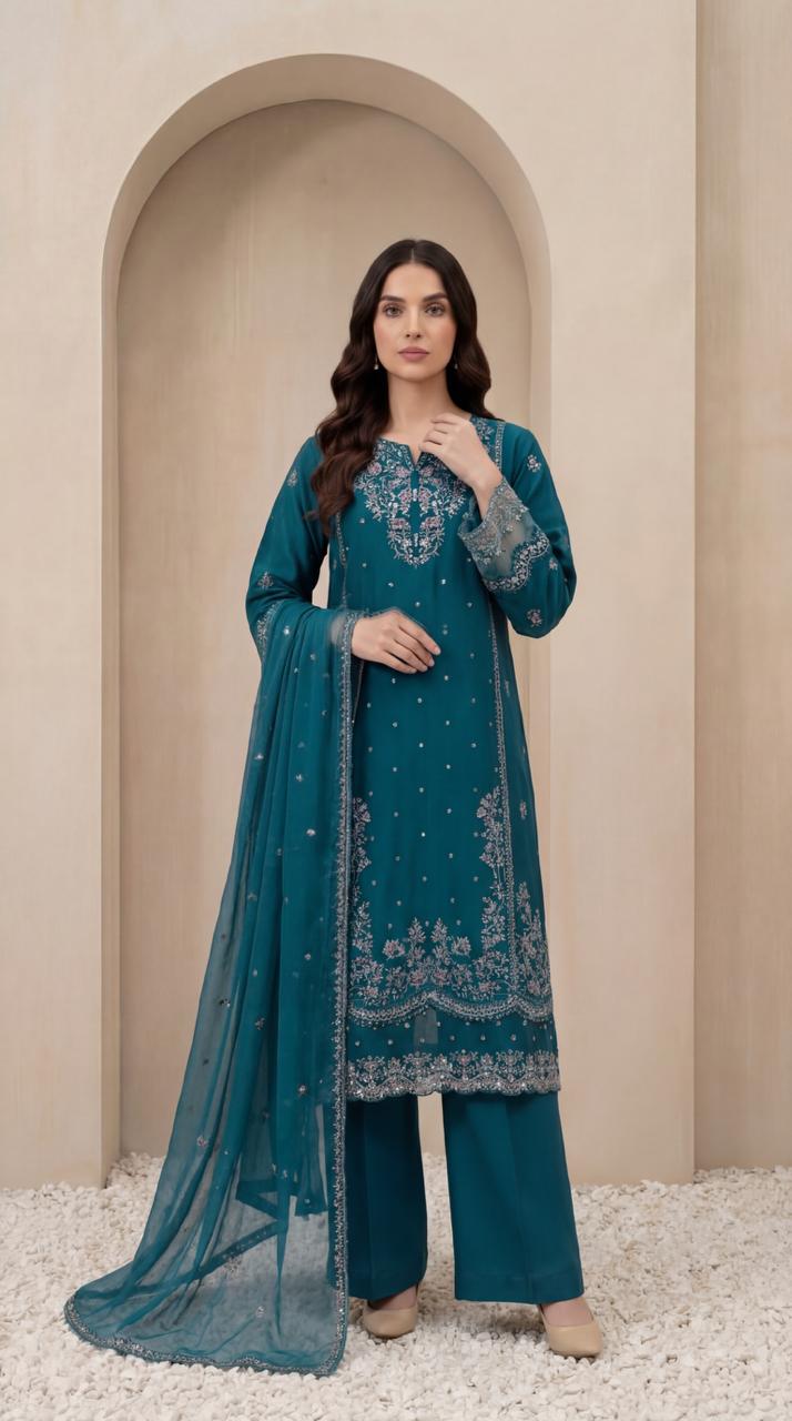 KHATOON Zara Teal Luxury Embroidered 3-Piece Suit