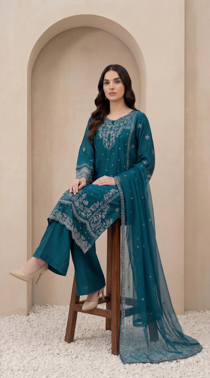 KHATOON Zara Teal Luxury Embroidered 3-Piece Suit