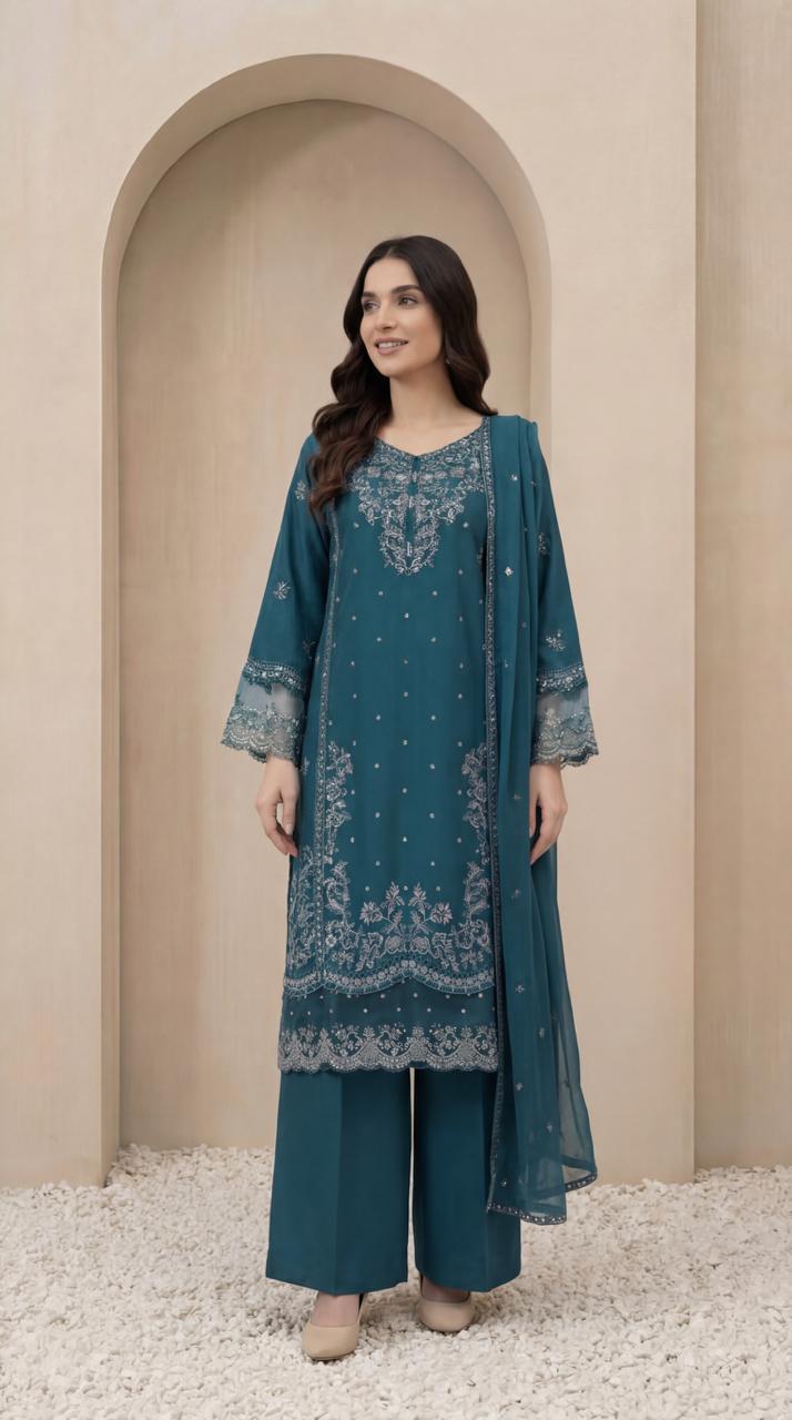 KHATOON Zara Teal Luxury Embroidered 3-Piece Suit