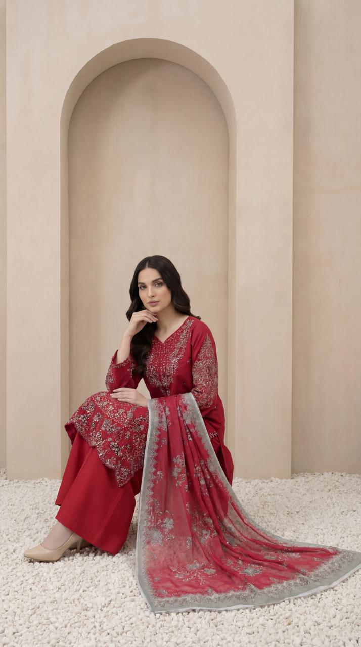 KHATOON Noor Red Luxury Embroidered 3-Piece Suit