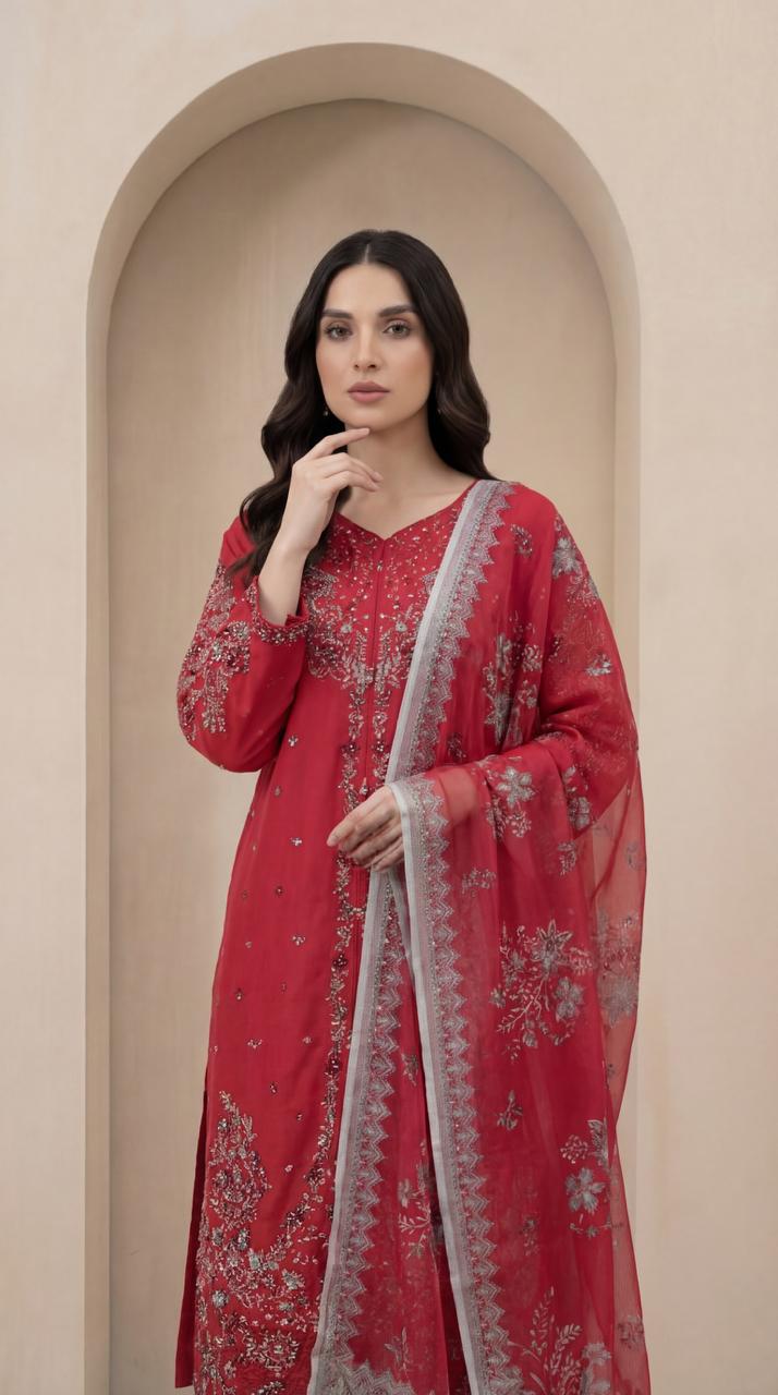 KHATOON Noor Red Luxury Embroidered 3-Piece Suit