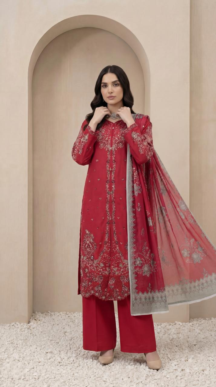 KHATOON Noor Red Luxury Embroidered 3-Piece Suit