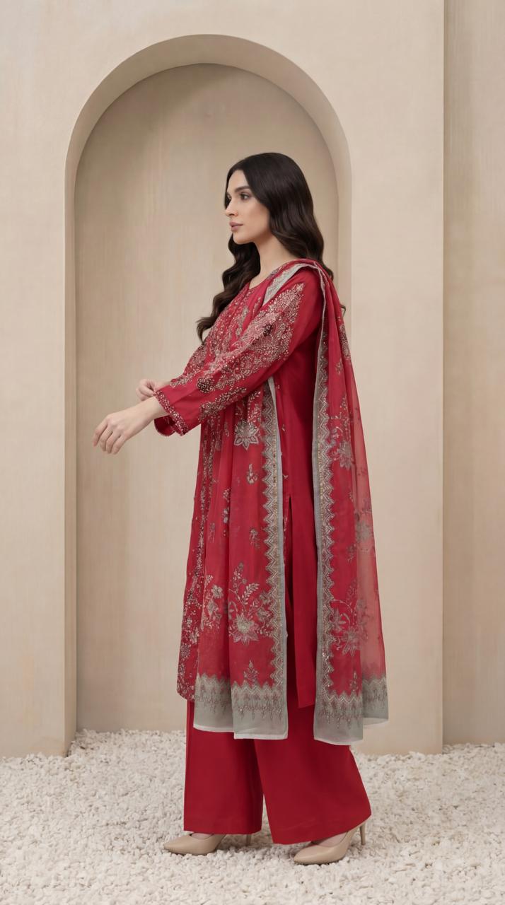 KHATOON Noor Red Luxury Embroidered 3-Piece Suit