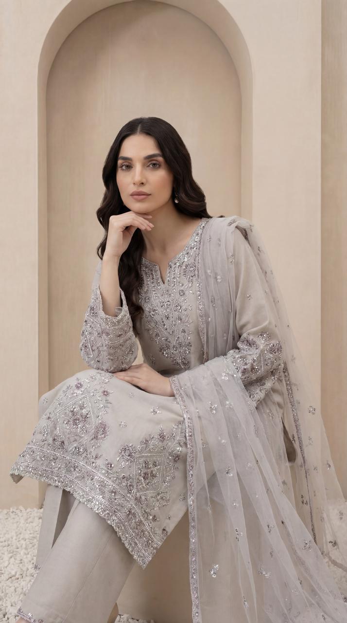 KHATOON Selene Beige Luxury Embroidered 3-Piece Suit