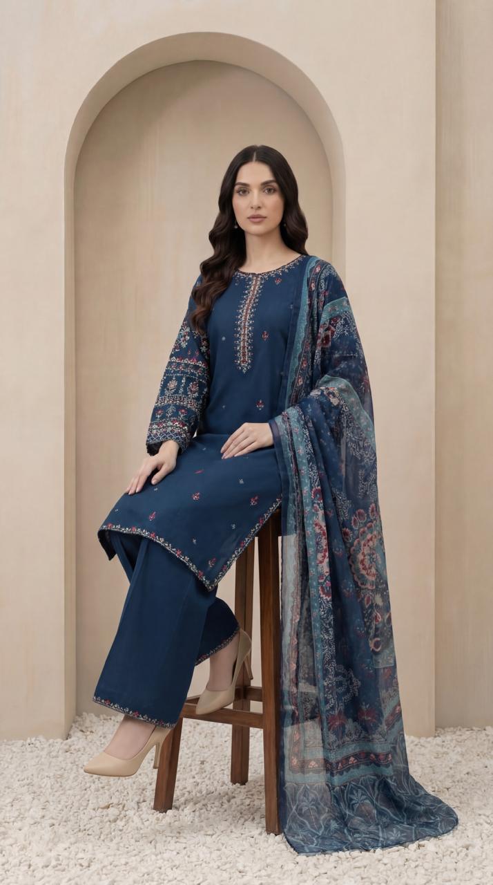 KHATOON Naira Navy Printed 3-Piece Lawn Suit